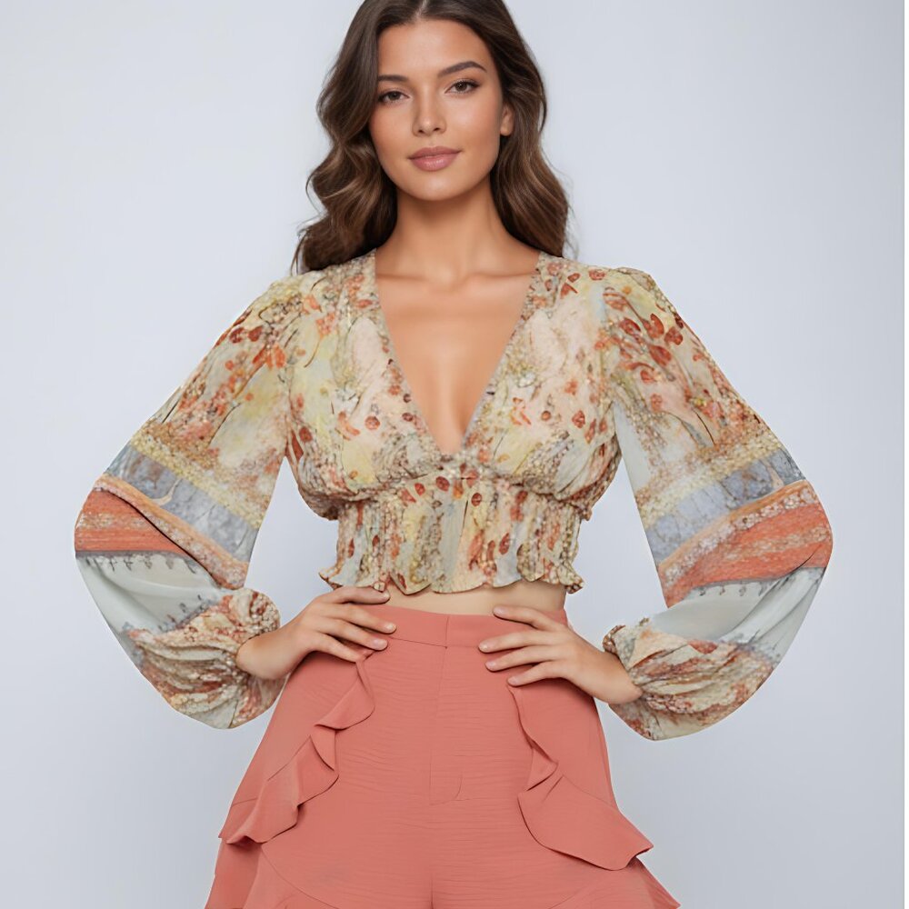 Lantern Sleeve Frilled Shirred Panel Floral & Paisley Print Top